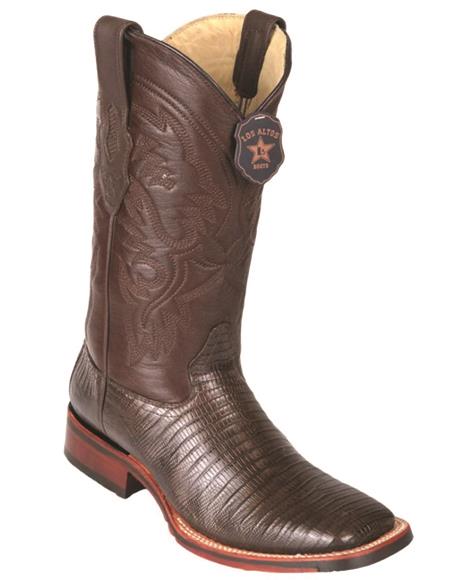 Mens Lizard Square Toe Cowboy Boots Sanded Brown