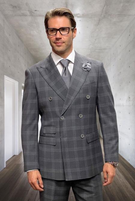 Double Breasted Suit - Wool Plaid Windowpane Suit - Statement Designer Suit Grey - 100% Percent Wool Fabric Suit - Worsted Wool Business Suit