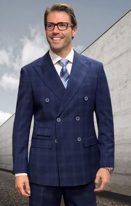 Double Breasted Suit - Wool Plaid Windowpane Suit - Statement Designer Suit Navy - 100% Percent Wool Fabric Suit - Worsted Wool Business Suit