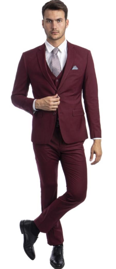 Extra Slim Fit Suit Burgundy Shorter Sleeve ~ Shorter Jacket for Men - 3 Piece Suit For Men - Three Piece Suit
