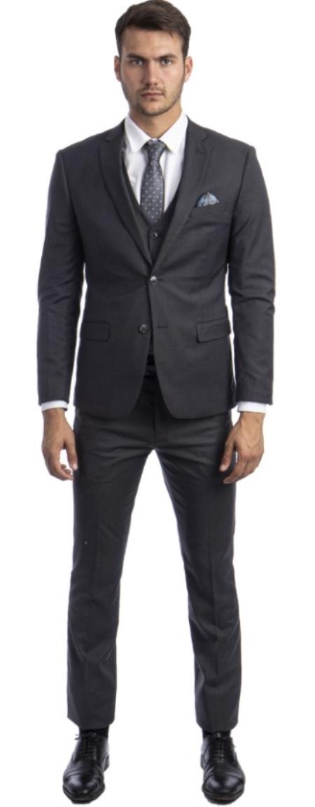 Extra Slim Fit Suit Charcoal Shorter Sleeve ~ Shorter Jacket for Men - 3 Piece Suit For Men - Three Piece Suit