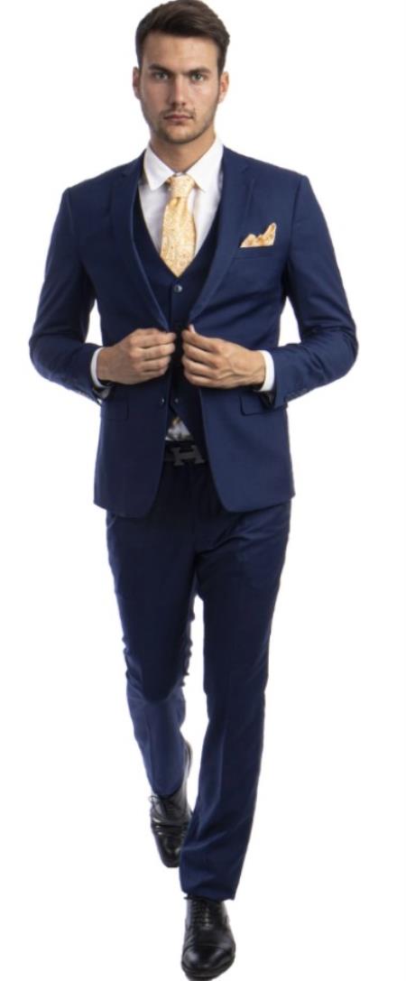Extra Slim Fit Suit Indigo Shorter Sleeve ~ Shorter Jacket for Men - 3 Piece Suit For Men - Three Piece Suit