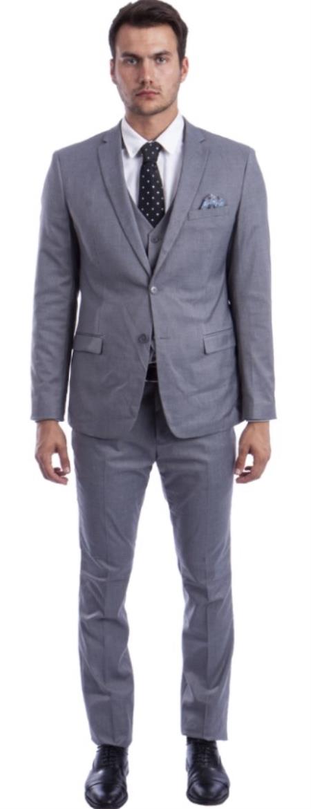 Extra Slim Fit Suit Medium Grey Shorter Sleeve ~ Shorter Jacket for Men - 3 Piece Suit For Men - Three Piece Suit