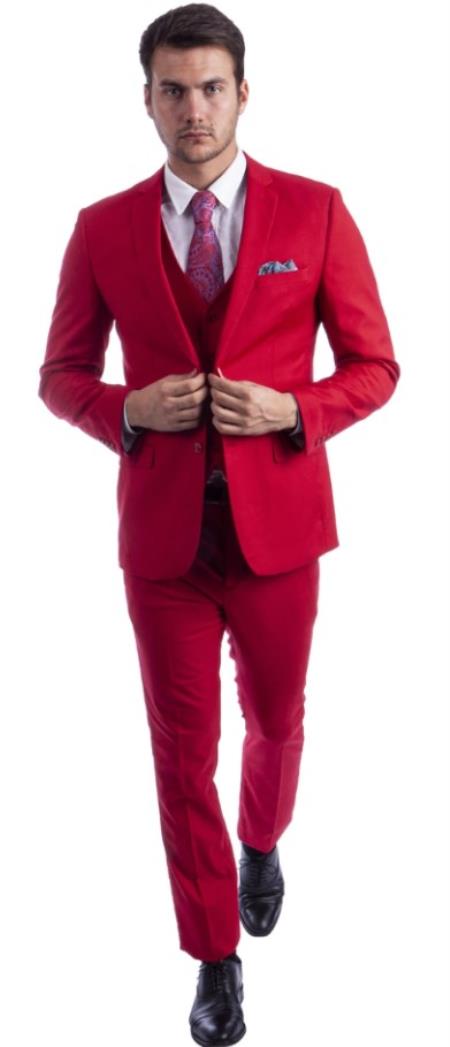Extra Slim Fit Suit Red Shorter Sleeve ~ Shorter Jacket for Men - 3 Piece Suit For Men - Three Piece