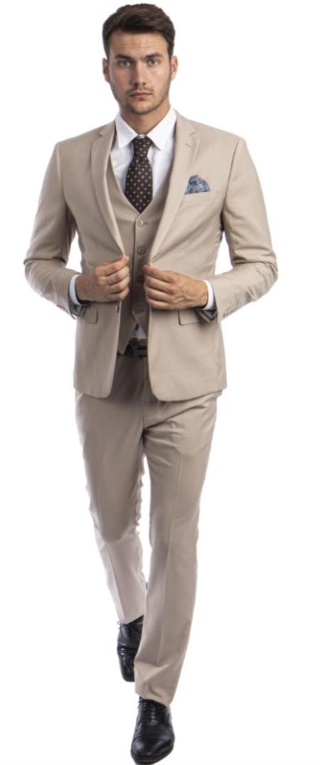 Extra Slim Fit Suit Tan Shorter Sleeve ~ Shorter Jacket for Men - 3 Piece Suit For Men - Three Piece Suit