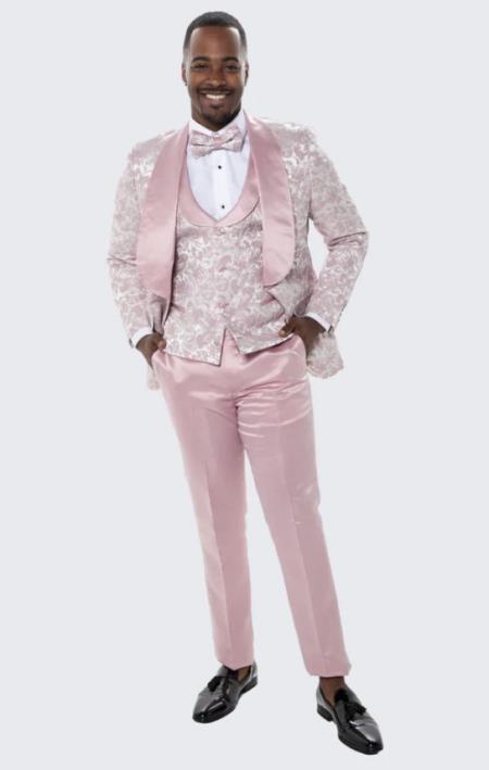 Mens Blush Pink Tuxedo With Floral Design Four Piece Set