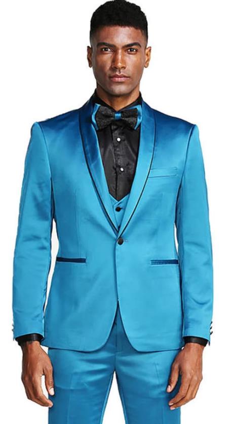 Mens Slim Fit Vested Shiny Satin Prom and Wedding Tuxedo Suit in Turquoise ~ Black