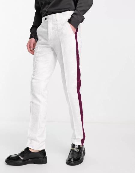White Tuxedo With Burgundy Sateen Stripe Pants
