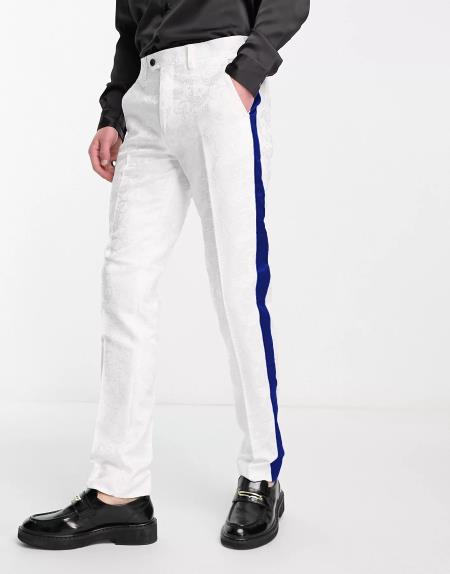 White Tuxedo With Navy Blue Sateen Stripe Pants