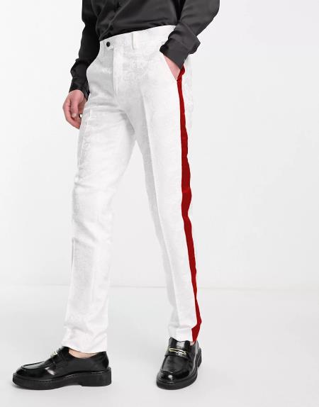 White Tuxedo With Red Sateen Stripe Pants