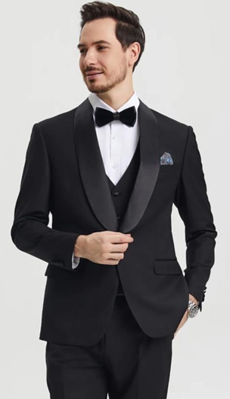Mens One Button Shawl Lapel Tuxedo in Matching Pants and Vest Black