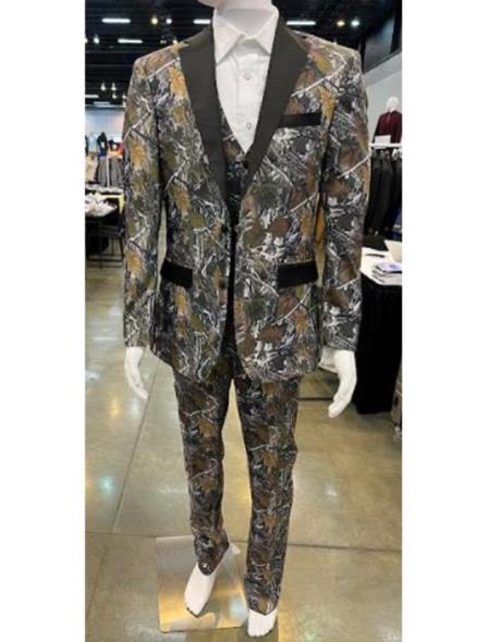 Army Green Tuxedo - Patterned - Two Toned Vested Olive Green Tuxedo