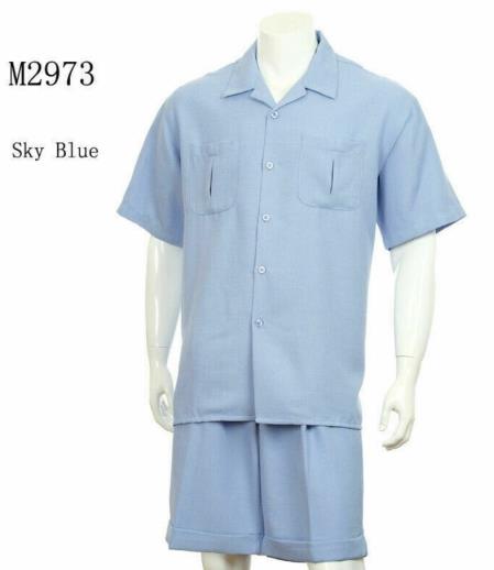 Mens 2-piece Spring - Summer Casual Short Sleeve Shirt Set - Walking Suit - Blue