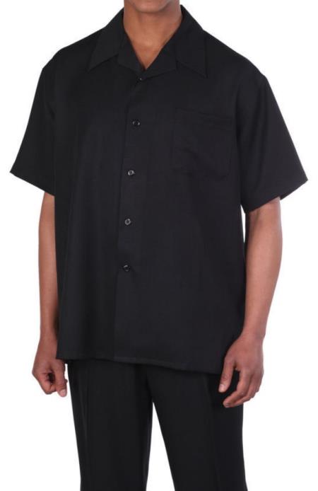 New Mens 2pc Walking Suit Short Sleeve Casual Shirt and Pants Set - Black