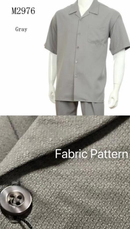 New Mens 2pc Walking Suit Short Sleeve Casual Shirt and Pants Set - M2976 M Gray