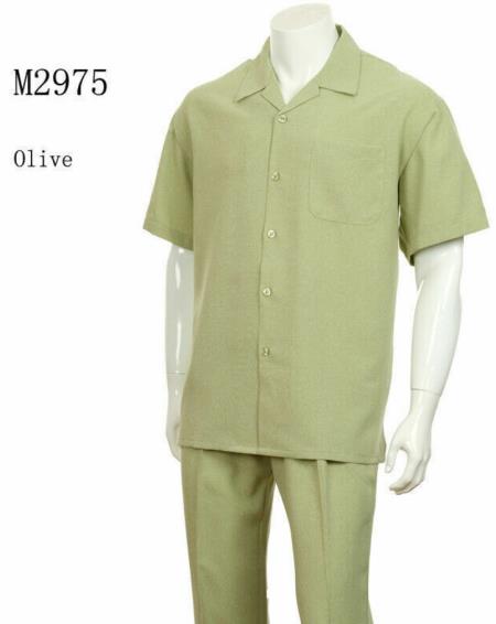 New Mens 2pc Walking Suit Short Sleeve Casual Shirt and Pants Set - M2975 LOlive