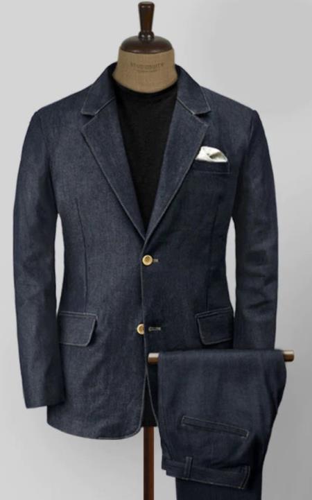 Mens Denim Fabric Suit - Real Cotton Fabric Navy Blue Denim Suit Vested Suit