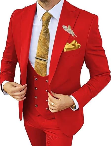 Vested Suits - Peak Lapel Suit - 1 Button Style Suits With Gold Buttons 100% Wool Side Vented - Red and Gold
