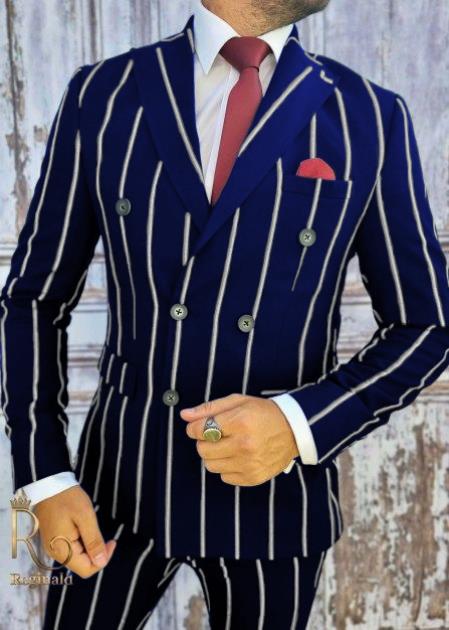 1920s Style Suit - Gangster Suit - Pinstripe Suit - Double Breasted Suits - Navy Blue and White Pins