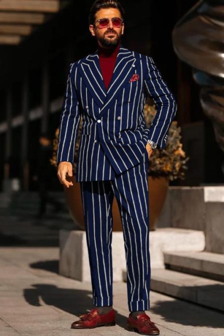 1920s Style Suit - Gangster Suit - Pinstripe Suit - Double Breasted Suits - Navy Blue and White Pins