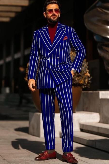 1920s Style Suit - Gangster Suit - Pinstripe Suit - Double Breasted Suits - Royal and White Pinstrip