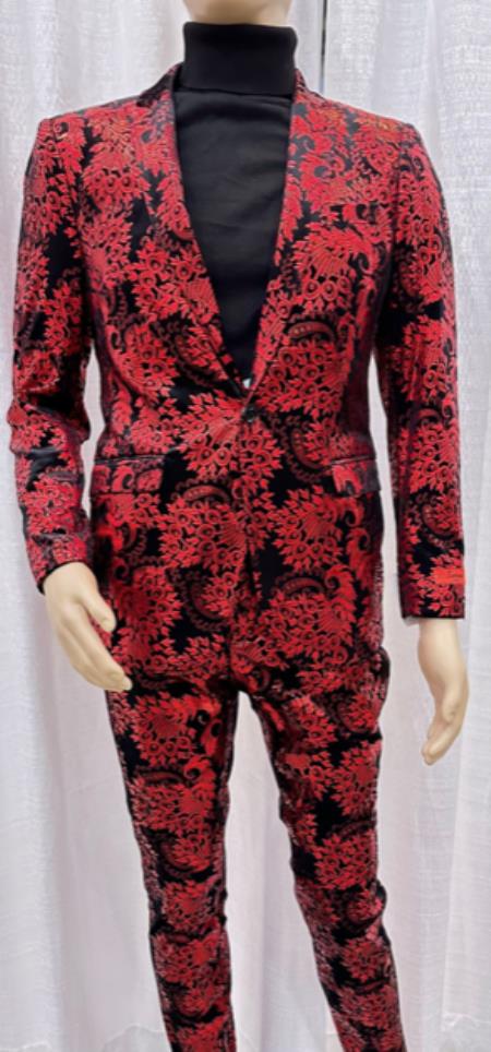 Mens Paisley Suit - Red Floral Suit - Prom Party Suit