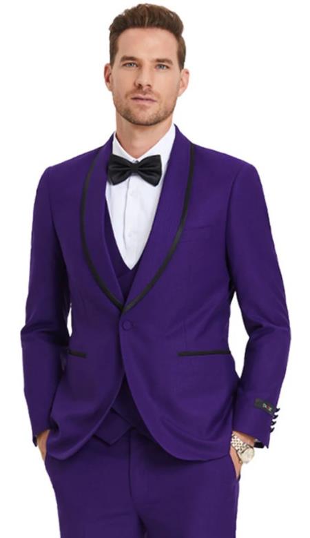 Mens One Button Vested Shawl Tuxedo in Purple Birdseye with Black Satin Trim