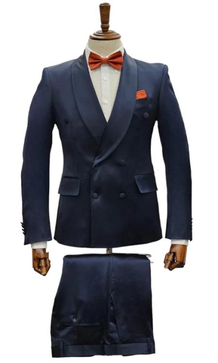 Navy Satin Double-Breasted Suit