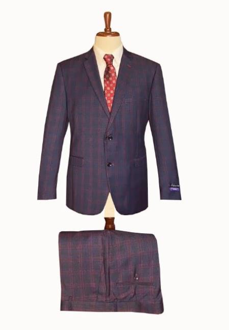 Mens Plaid Suits - Windowpane Wool Suits - Navy Blue with Dark Burgundy Pattern - Business Wool Suit Available in Classic or Modern Fit