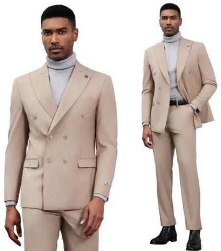 Stacy Adams Suits - Double Breasted Suits 2024 Stacy Adams Double-Breasted Peak Lapel Men's Suit, Tan