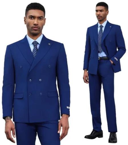 Stacy Adams Suits - Double Breasted Suits 2024 Stacy Adams Double-Breasted Peak Lapel Men's Suit, Indigo Blue