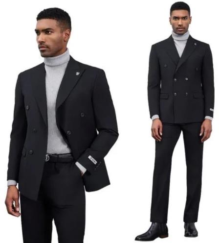 Stacy Adams Suits - Double Breasted Suits 2024 Stacy Adams Double-Breasted Peak Lapel Men's Suit, Black
