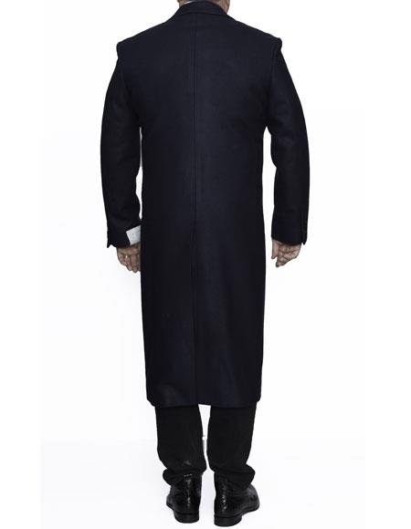 Wool 3-Button Notch Lapel Navy-Blue Full Length Topcoat