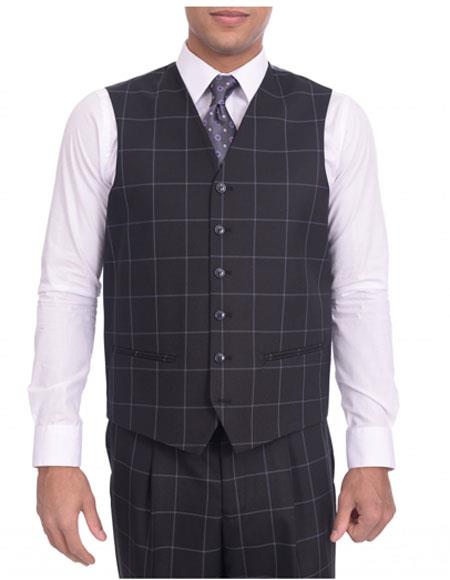Men's Two Button Classic Fit Solid Black/Blue Windowpane Th