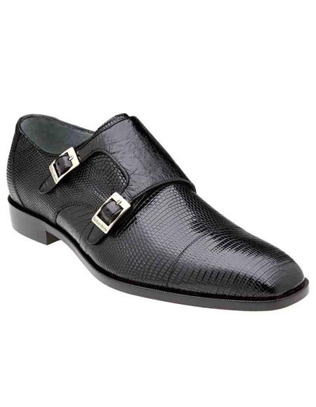 Men's double monk strap shoes Belvedere Black Genuine Lizard