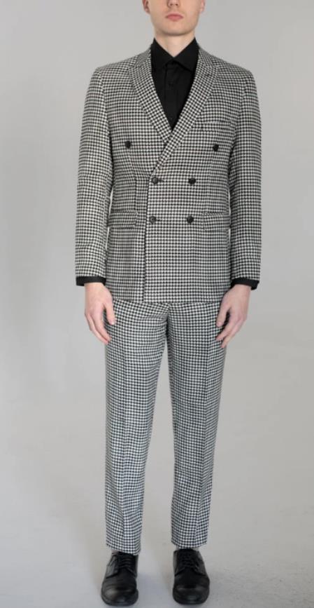 Khaki Houndstooth Men's Suits Tuxedo Business Double Breasted Plus 34-60+Custom 