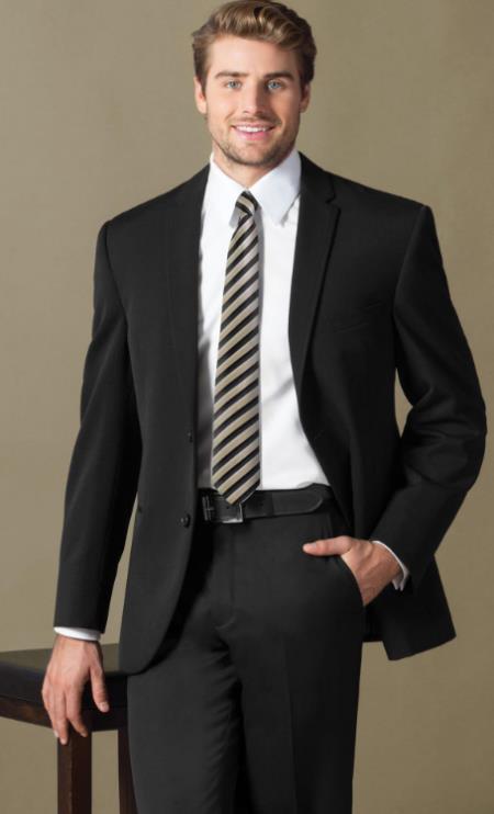 Notch Lapel Besom Pockets Single Breasted Black Suit