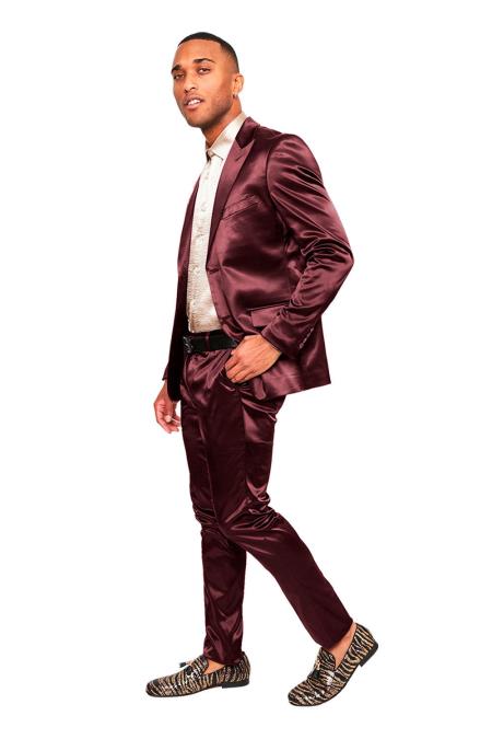 Mens Two Buttons Peak Lapel Suit Red ~ Burgundy