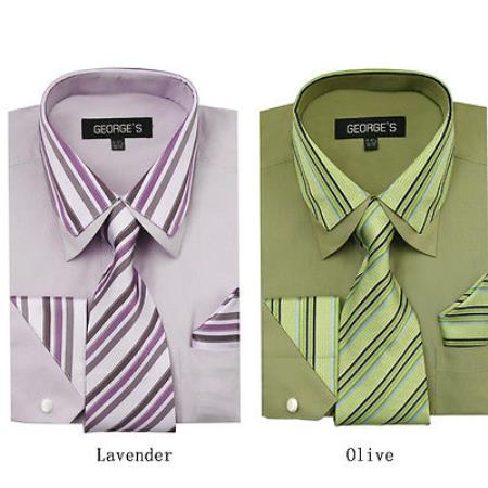 Classic Men's Dress Shirt Set w/ Tie And Handkerchief -Strip