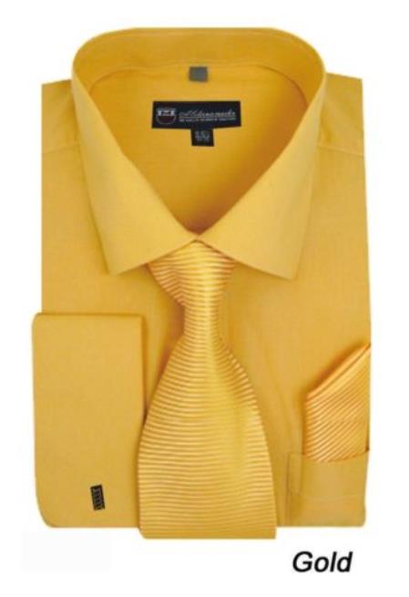 Men's Solid Dress Shirt French Cuff Matching Tie+Handkerchie