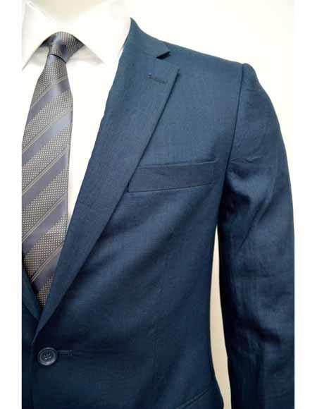 Men's Blue Linen Two Button Notch Lapel Cheap Priced Designe