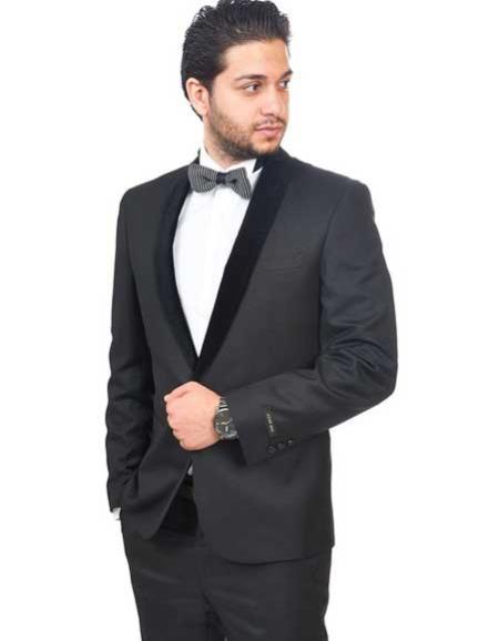 Men's Black Slim Fit 1 Button Shawl Velvet Lapel Tuxedo Suit