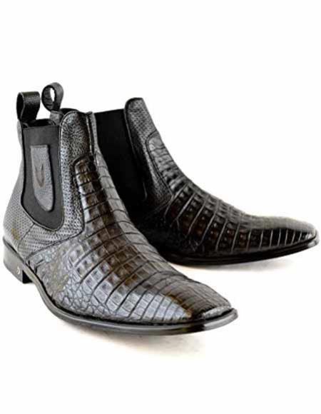 Men's Caiman Belly Skin Leather Square Toe Short Black Boots
