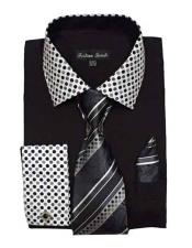  Black Fashionable Solid/Polka Dot Pattern Shirt With Tie & Hanky French Cuff
