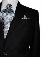  Bertolini Silk & Wool Fabric Two Button Black with Dark Navy Pinstripes