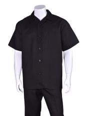  Plain Black Short Sleeve Linen Casual Casual Two Piece Walking Outfit