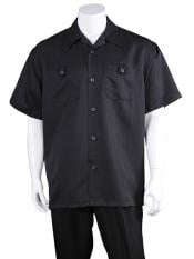  Mens Solid Black Casual Short Sleeve 100% Polyester Casual Two Piece Walking