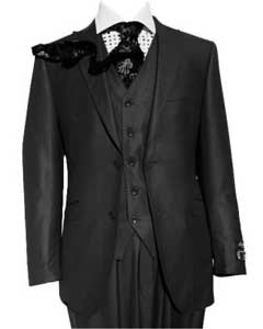  Black Three Piece Slim Fit Vested Suit Peak Lapel