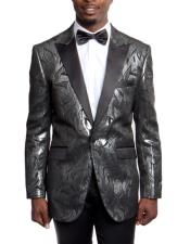  Black Slim Fit Tuxedo Jacket 100% Wool Blazer Fancy Pattern Large Peak Lapel 