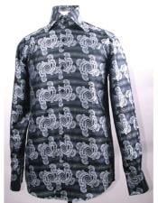  Mens High Collar Fashion ~ Shiny ~ Silky Fabric Black Swirl Pattern